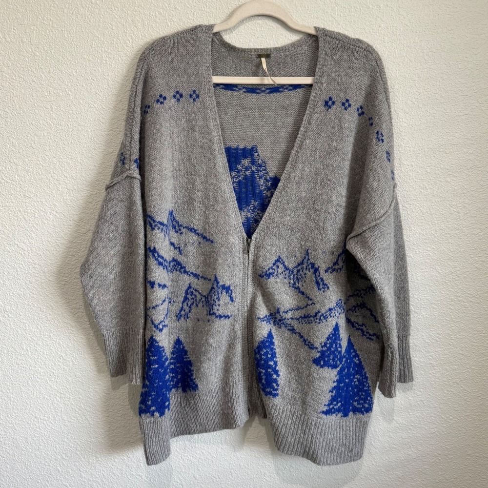 Free People Mountain Moose Zip Up Oversized Cardigan Gray Gorpcore Cabin‎ Woods